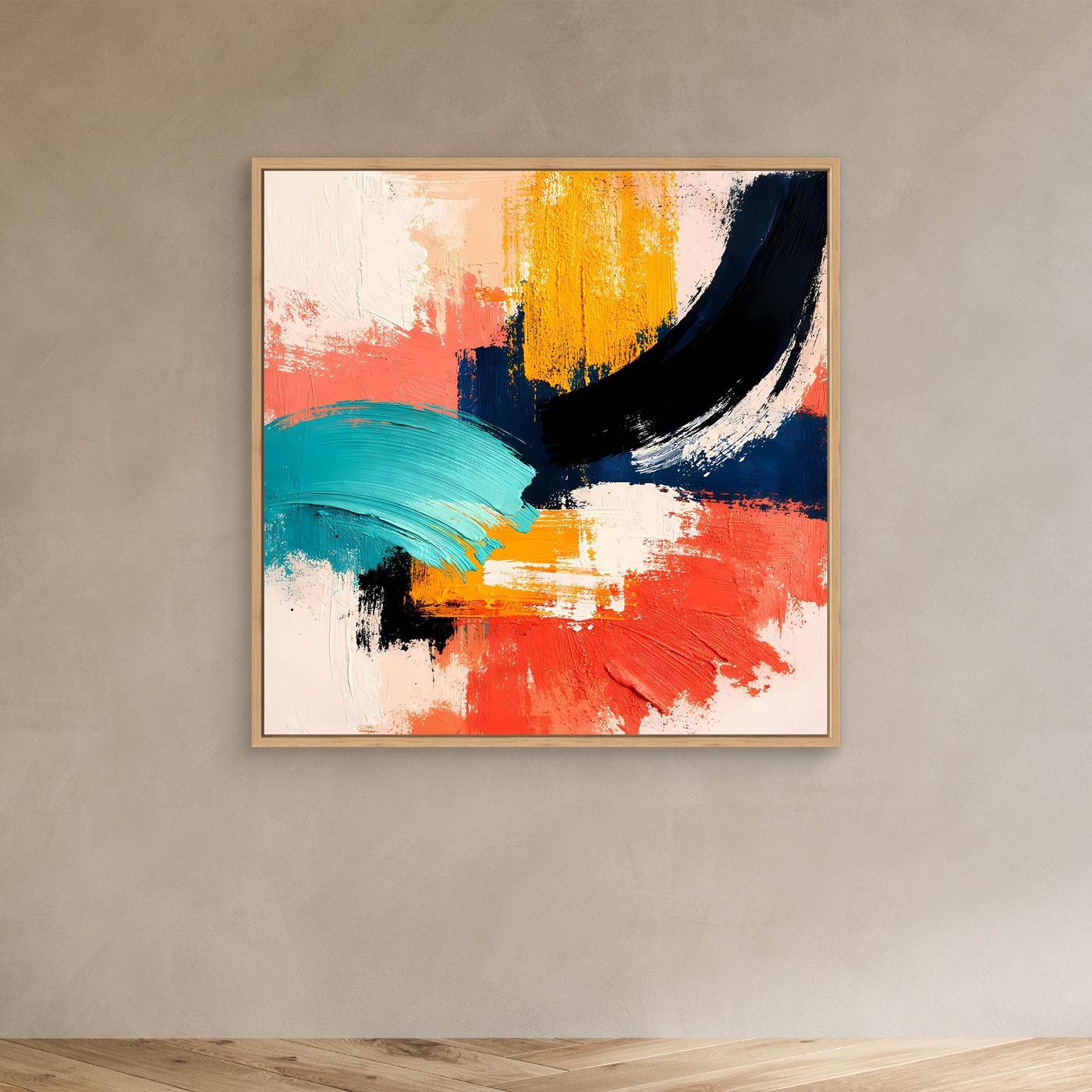 Abstract canvas wall art with oak frame and coral, yellow, teal, navy, and black brush strokes.