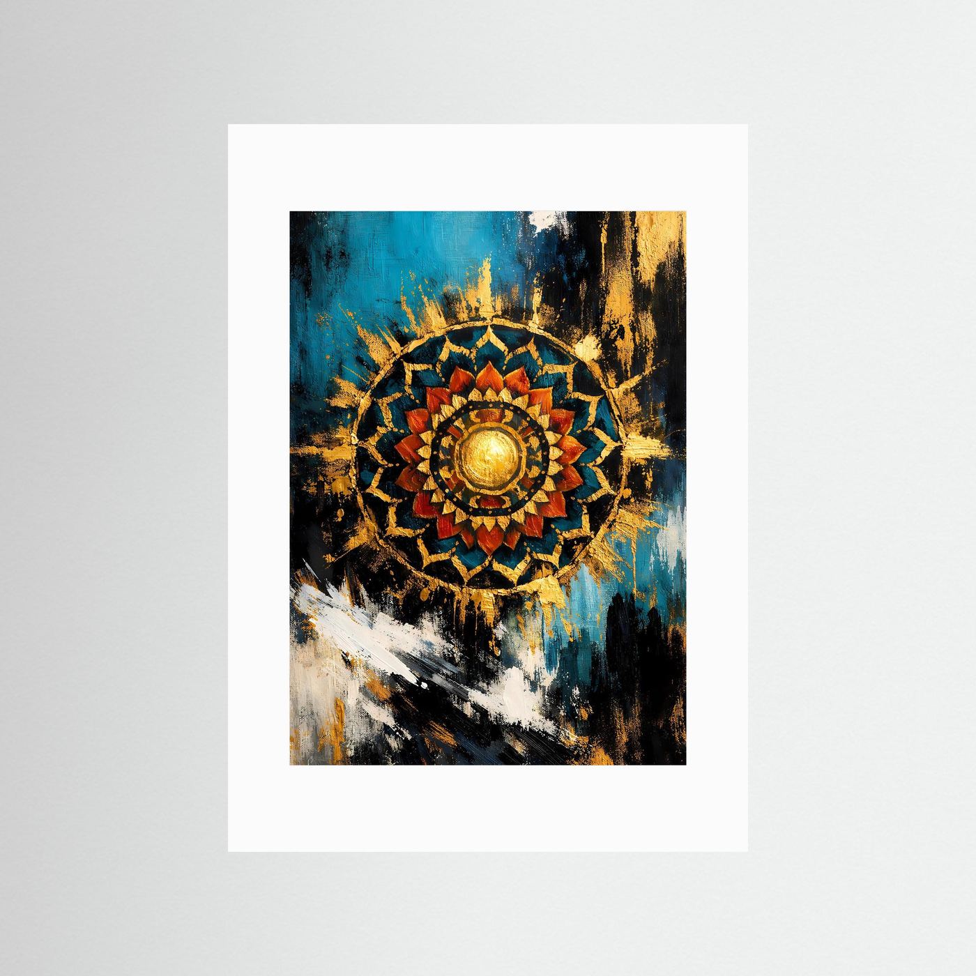 Abstraktes Mandala-Wandbild mit goldener Sonne, türkis-blau und dunkel, weißes Passepartout
