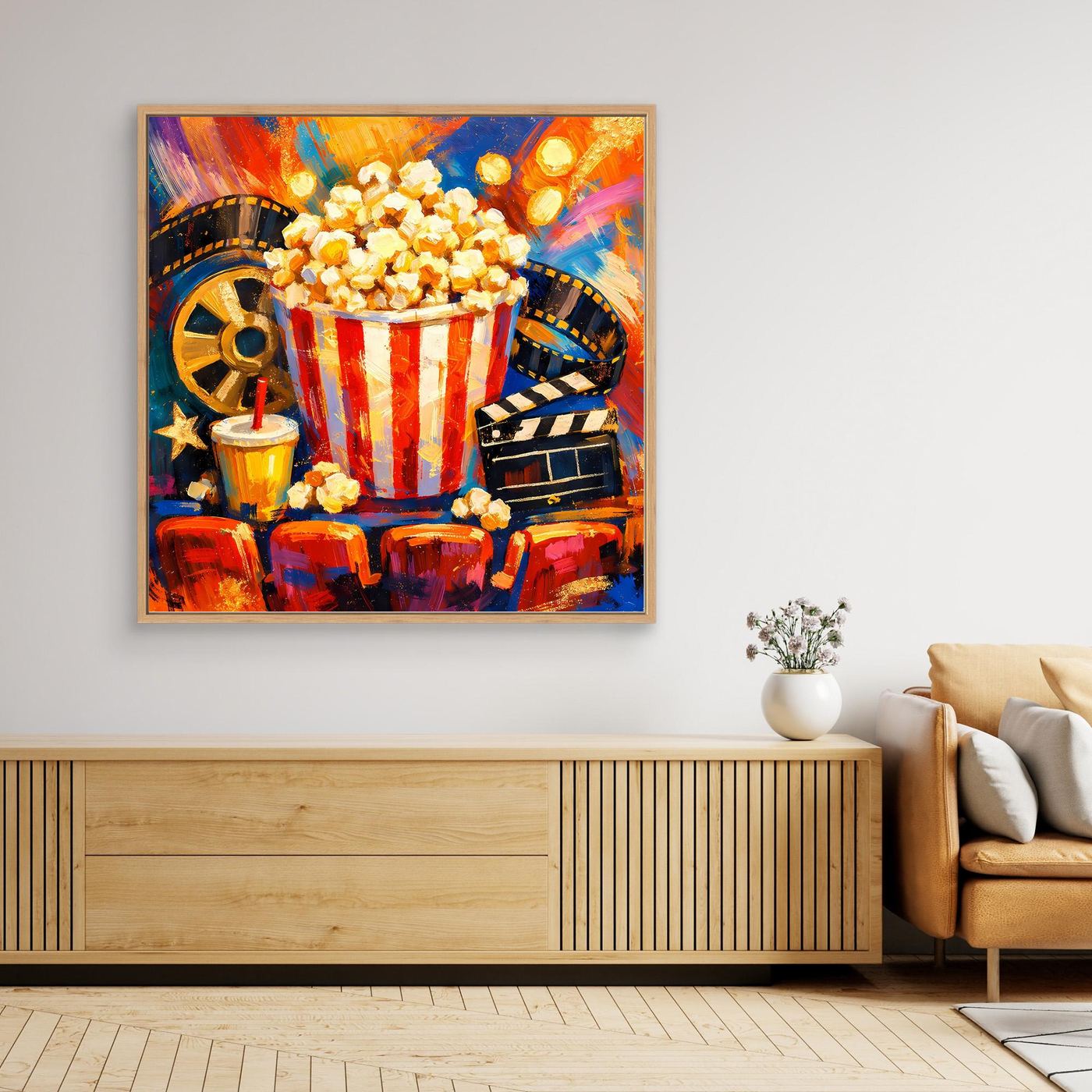Leinwandbild mit Popcornschale in Rot-Weißen Streifen, Filmrollen und Kerzenmotiv