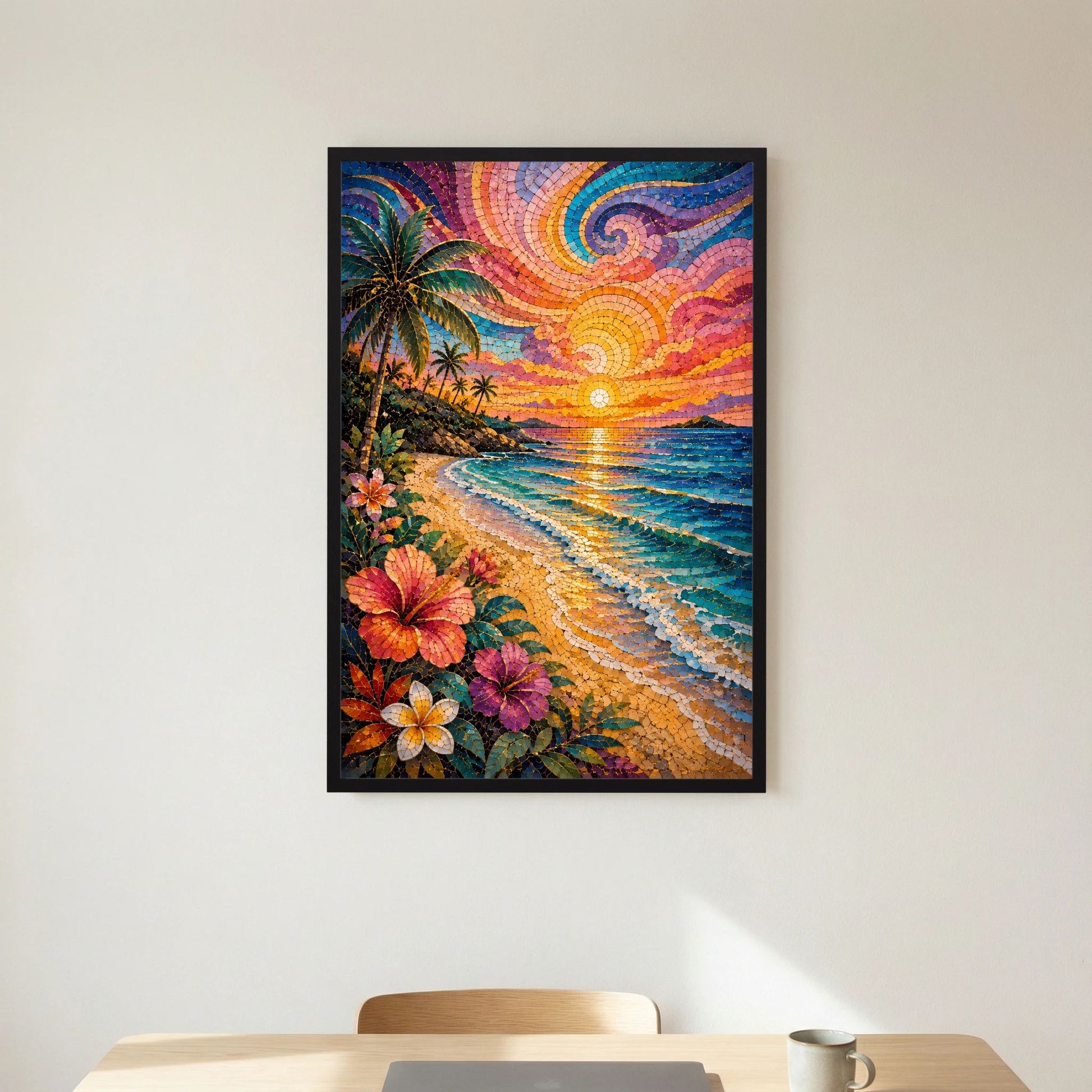 Tropischer Strand im Sonnenuntergang | Farbenfrohes Mosaik mit Palmen & Hibiskus | Poster Hochformat