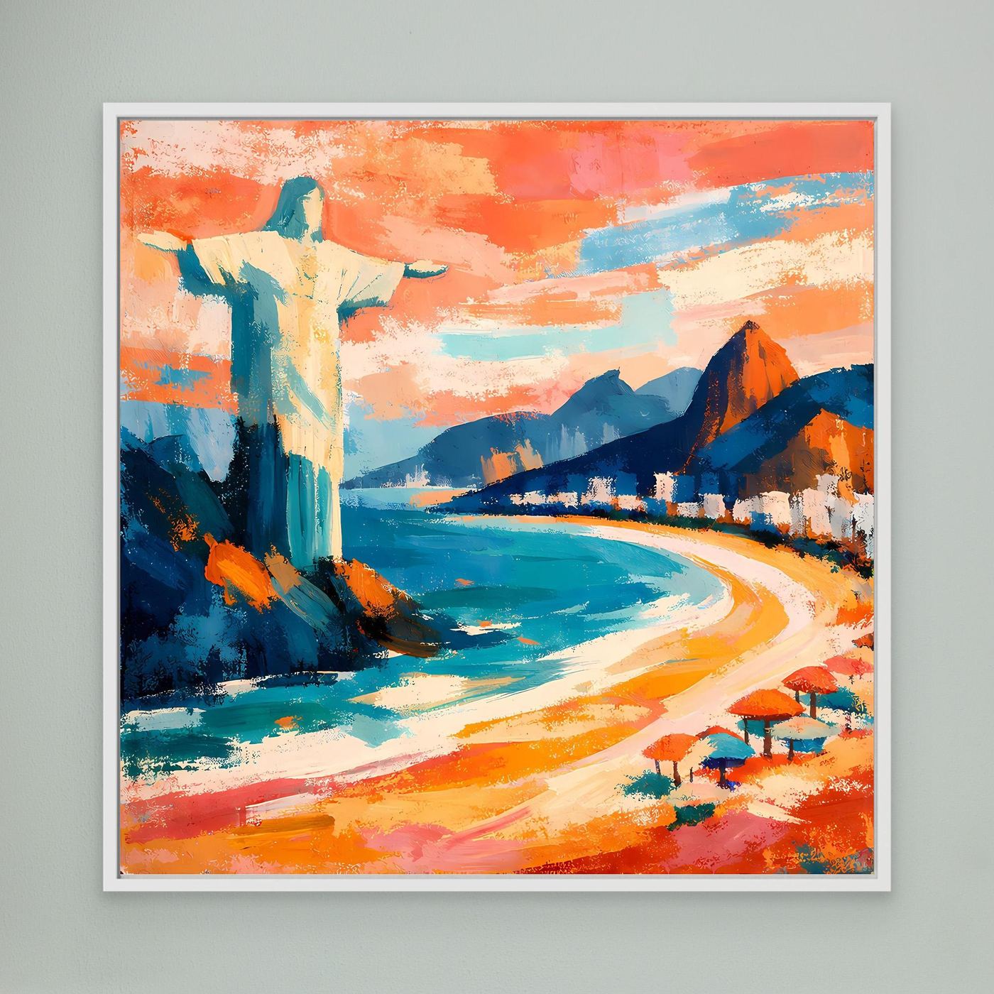 Wandbild mit weißem Rahmen: abstrakter Strand mit Bergen, blauem Wasser und Sonnenschirmen.