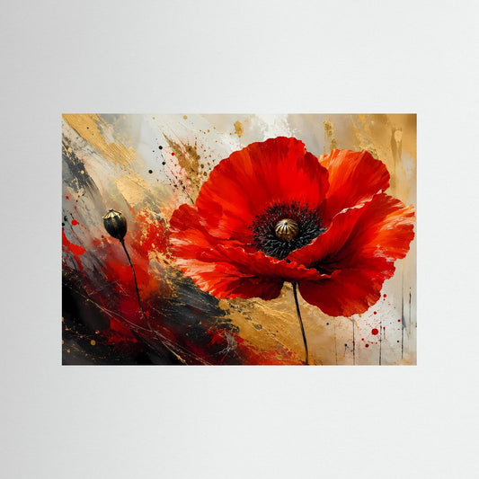 Abstrakte Mohnblumen-Wandkunst mit roter Blüte und schwarzen Staubblättern, ohne Rahmen