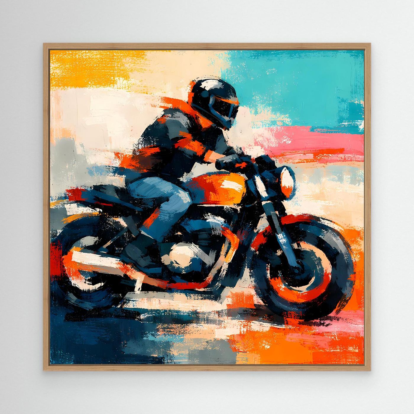 Abstract motorcycle wall art with rider on teal and orange strokes, in an oak wood frame
