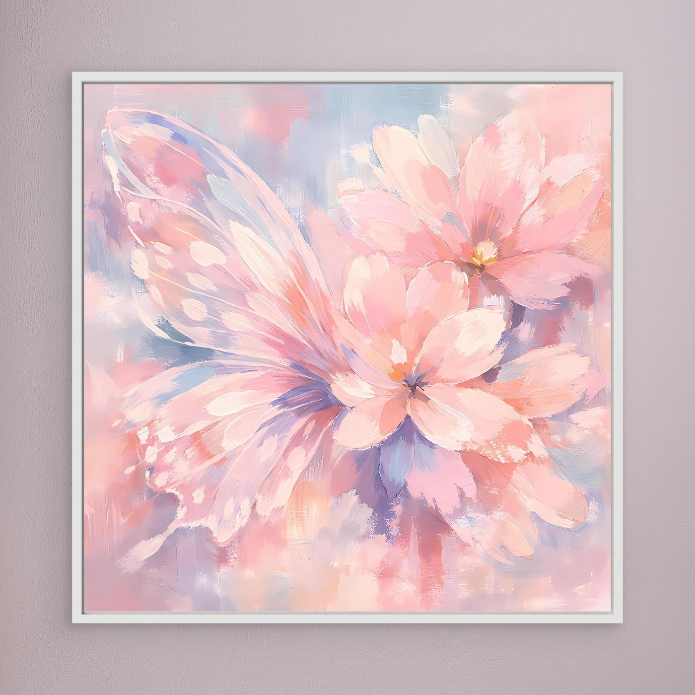 Gerahmte Leinwand (weiß): pastellfarbene Schmetterlingsblüte mit rosa und blauen Pinselstrichen.