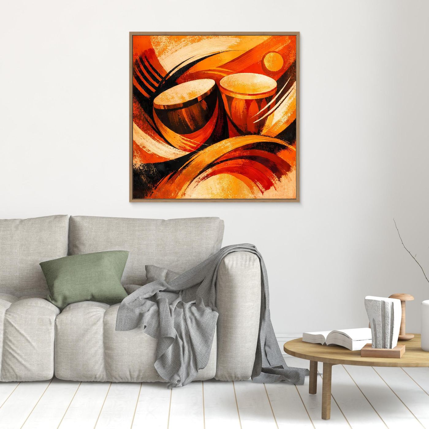 Kleines Leinwandbild mit abstrakten Trommeln in warmen Orange- und Rottönen, brauner Rahmen