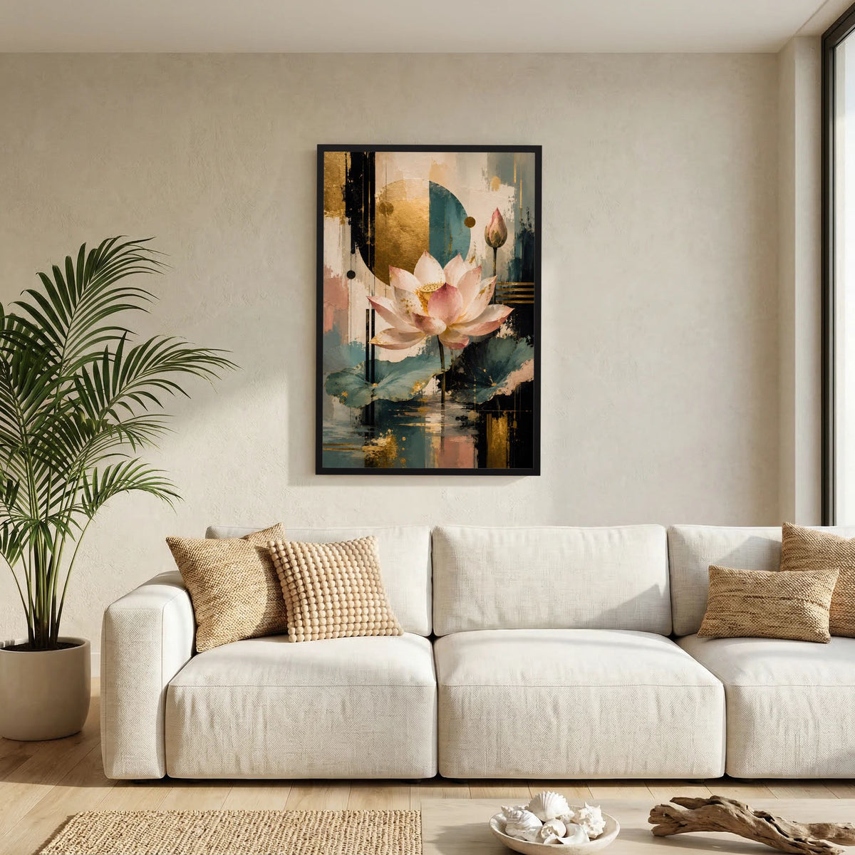 Gerahmtes Lotusblüten-Poster in Rosa, Gold und Türkis mit abstraktem Halbkreis, Hochformat.