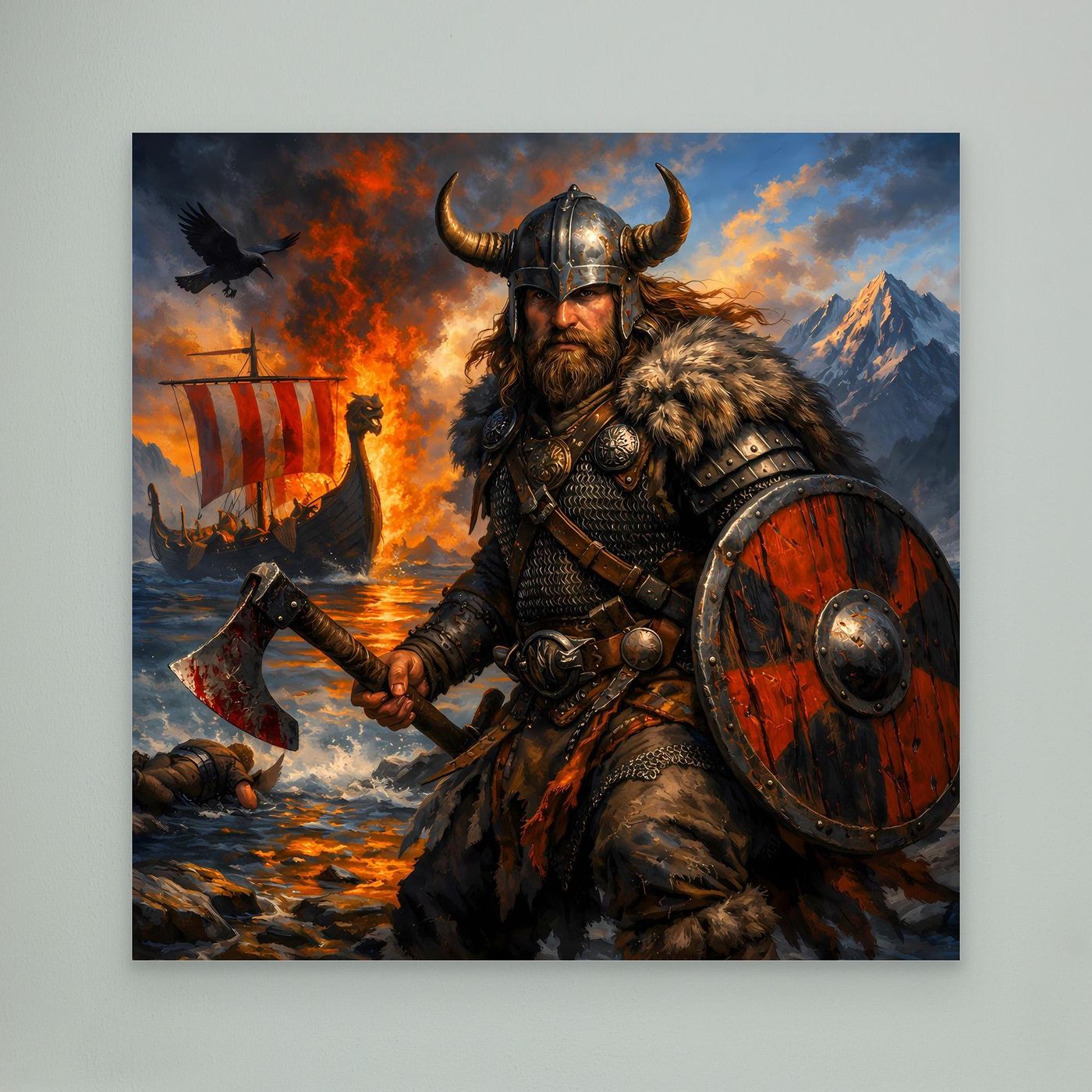 Leinwand Epischer Wikinger-Krieger an der Küste | Modernes Nordisches Wandbild