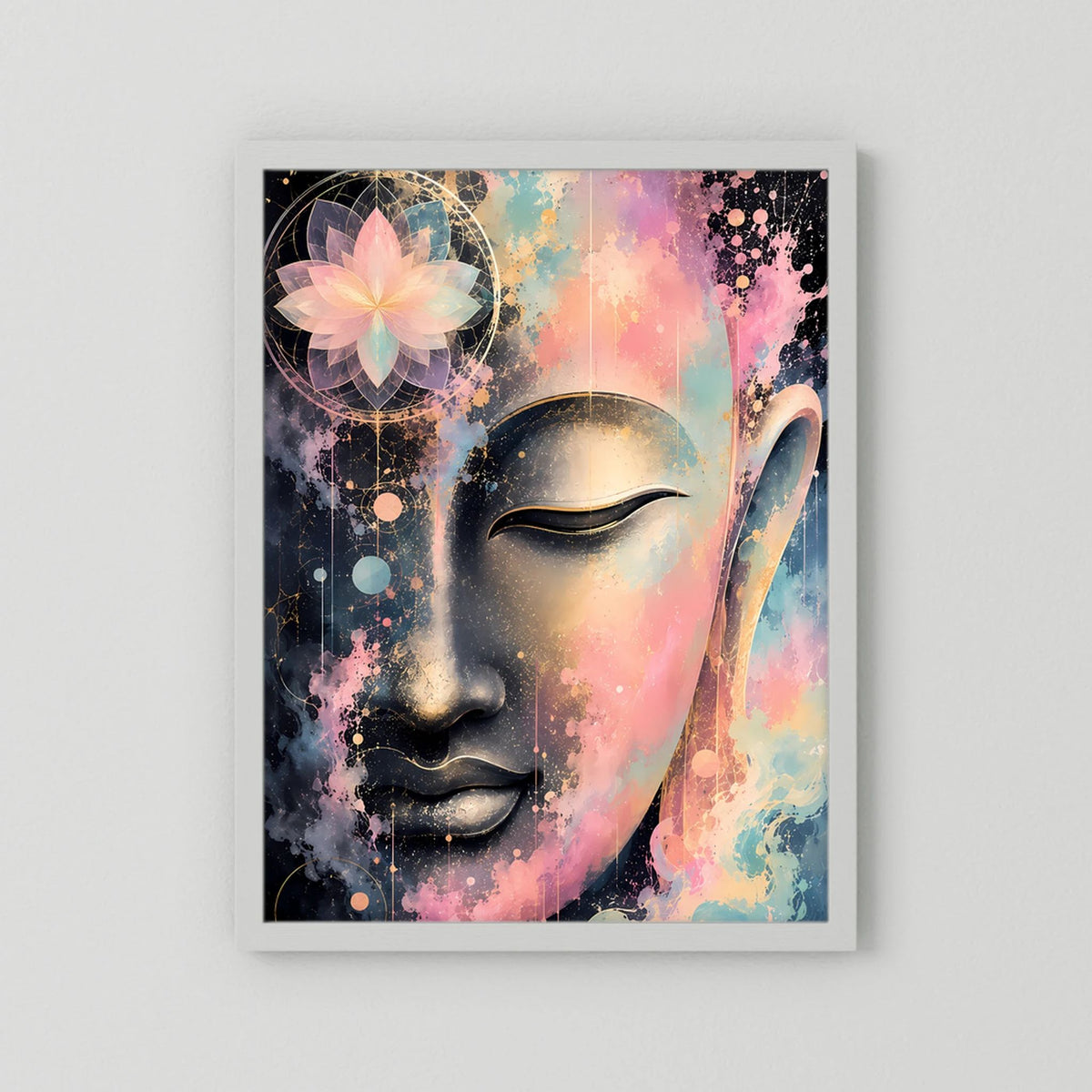 Kunstposter mit abstraktem Buddha-Gesicht in Pastellfarben, Gold- und Schwarzdetails im weißen Rahmen