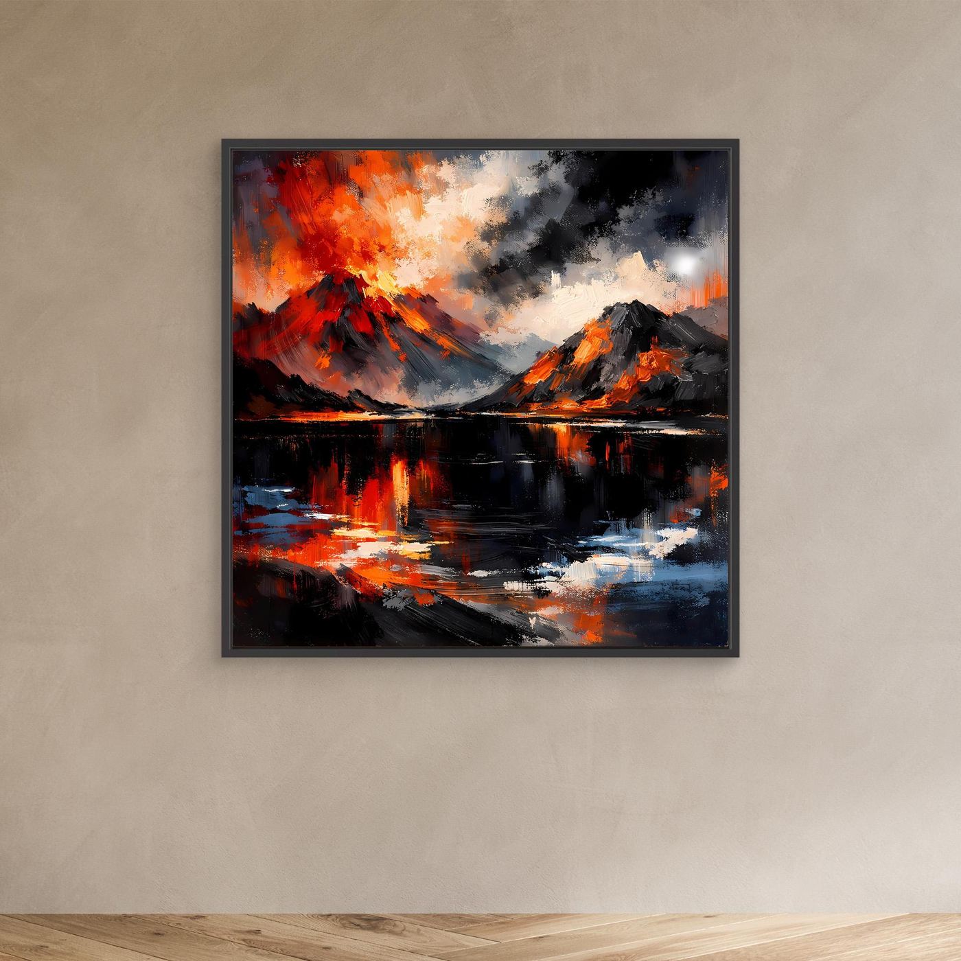 Abstraktes Wandbild mit Vulkanlava, Bergen und See-Reflexen in schwarzem Rahmen