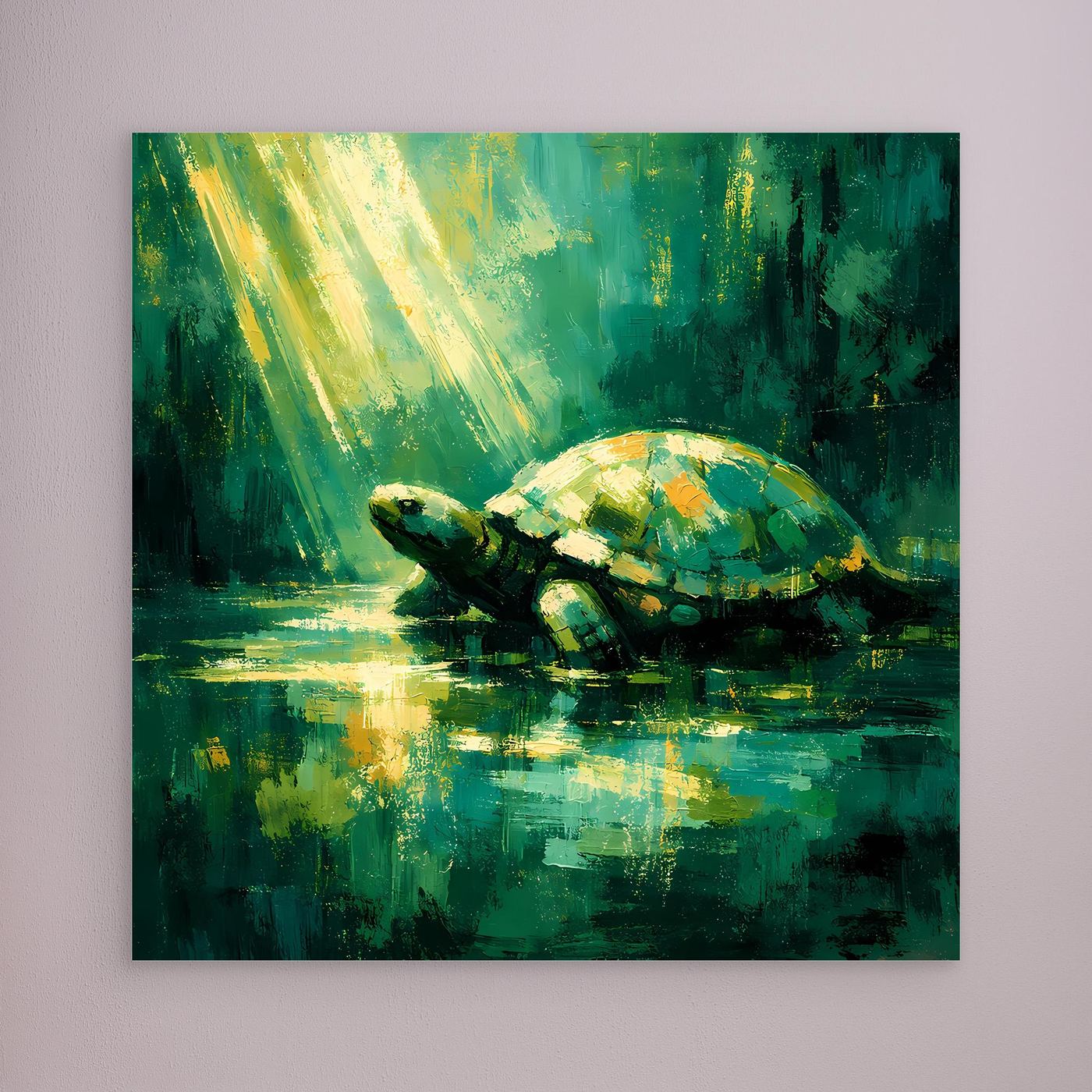 Leinwand Mystische Schildkröte im Lichtstrahl | Abstraktes Natur Wandbild Grün