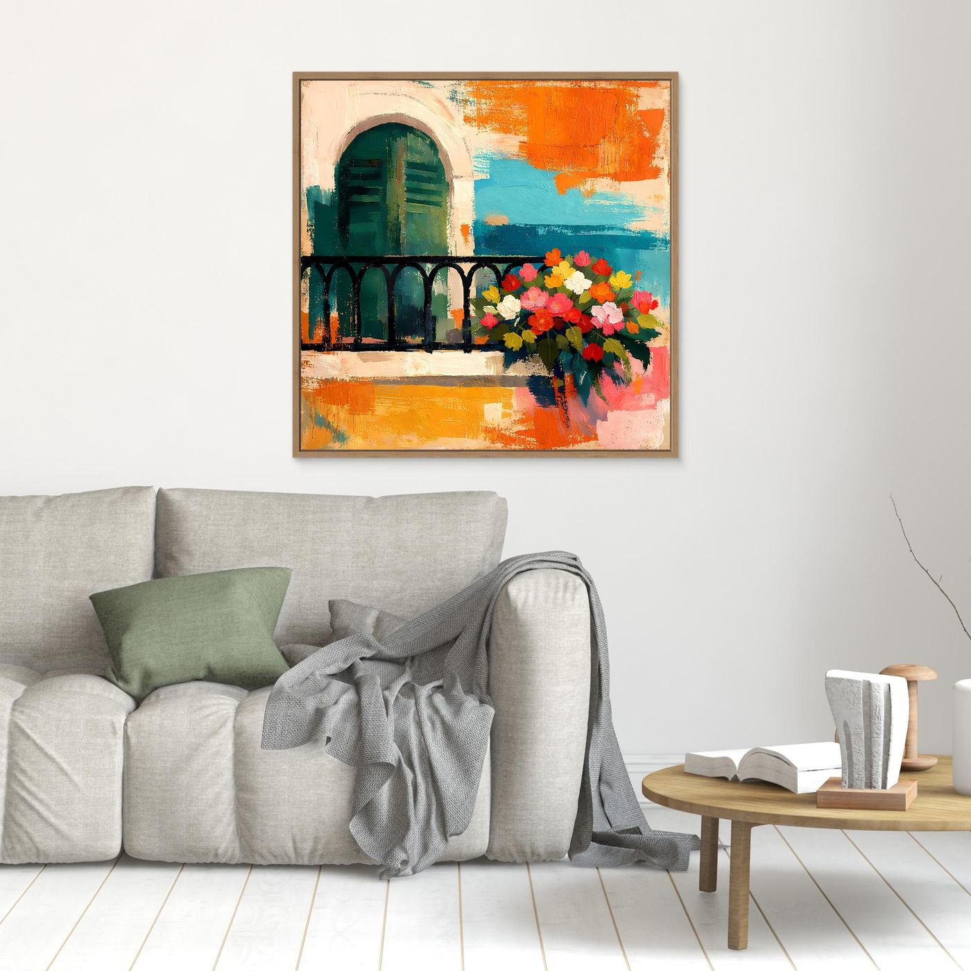 Small framed Mediterranean balcony wall art with arched window and colorful flower bouquet, wood frame
