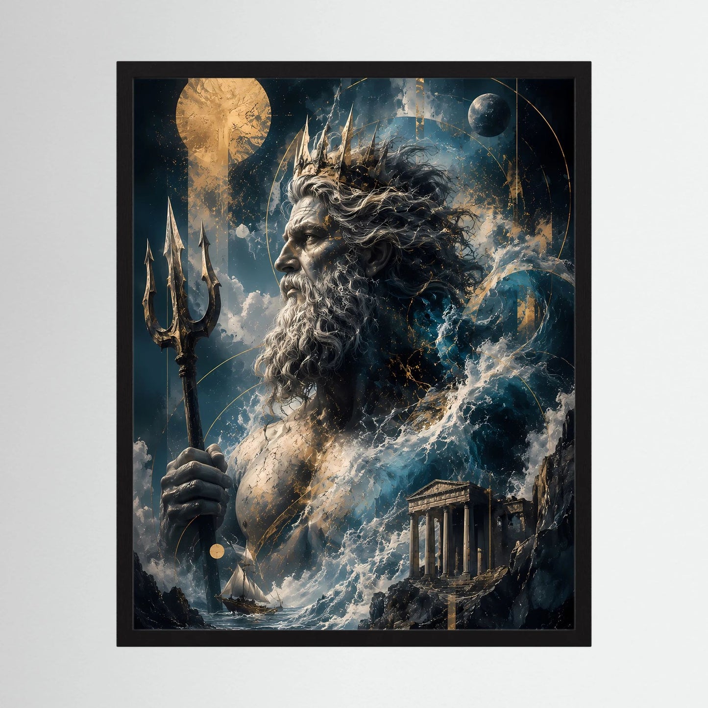 Gerahmtes Hochformat-Poster: Poseidon mit Dreizack, Mond und Meeresschaum