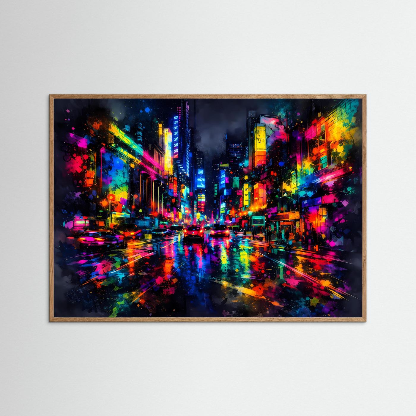 Neon-Stadtposter Querformat mit bunten Lichtern, im hellem Eichenrahmen