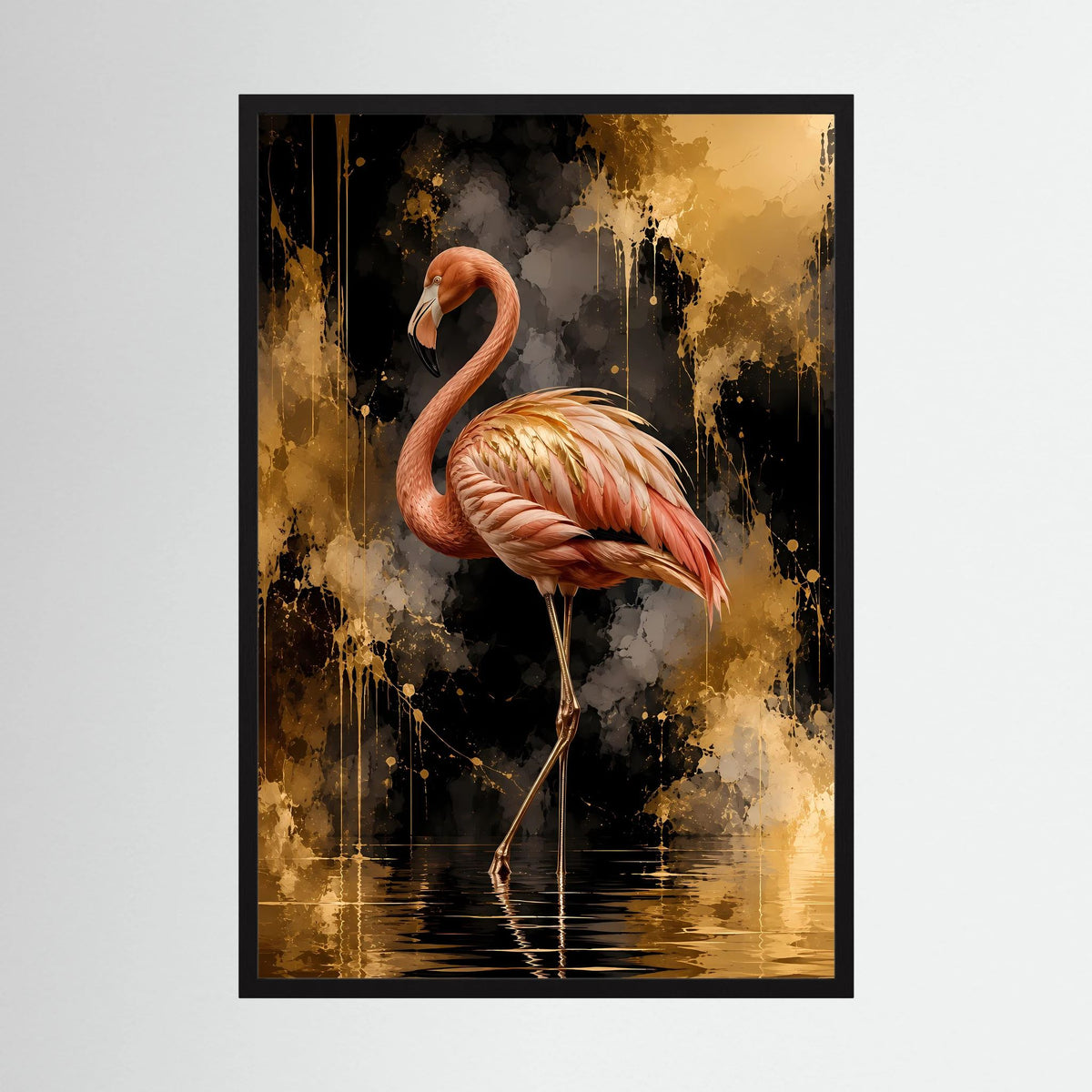 Flamingo-Poster mit schwarzem Rahmen, gold-schwarzer Abstrakt-Look und Wasserreflexen
