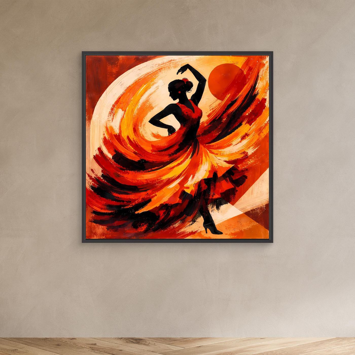 Leinwandbild mit schwarzer Flamencotänzerin, rot-orange abstrakte Wirbel und Schwunglinien