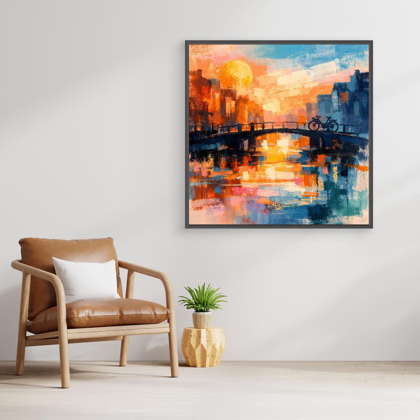 Leinwand Abstraktes Amsterdam Gemälde | Modernes Romantisches Grachten Wandbild mit Fahrrad