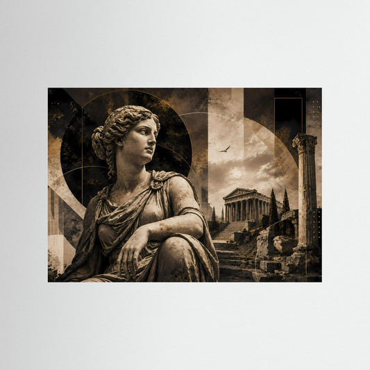 Klassisches Poster mit Statue einer Göttin und Tempelruinen, schwarz gerahmt, Querformat