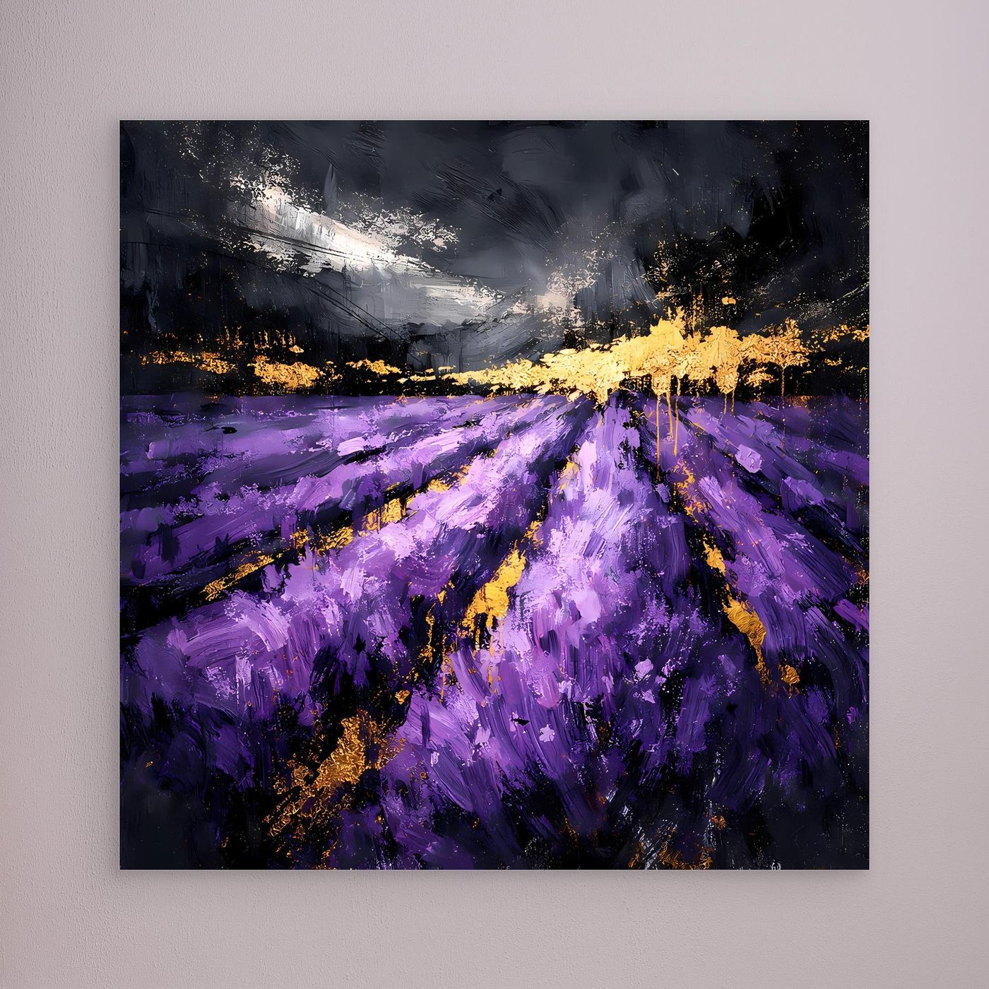 Leinwand Abstraktes Lavendelfeld in Lila und Gold | Modernes Natur Landschafts Wandbild