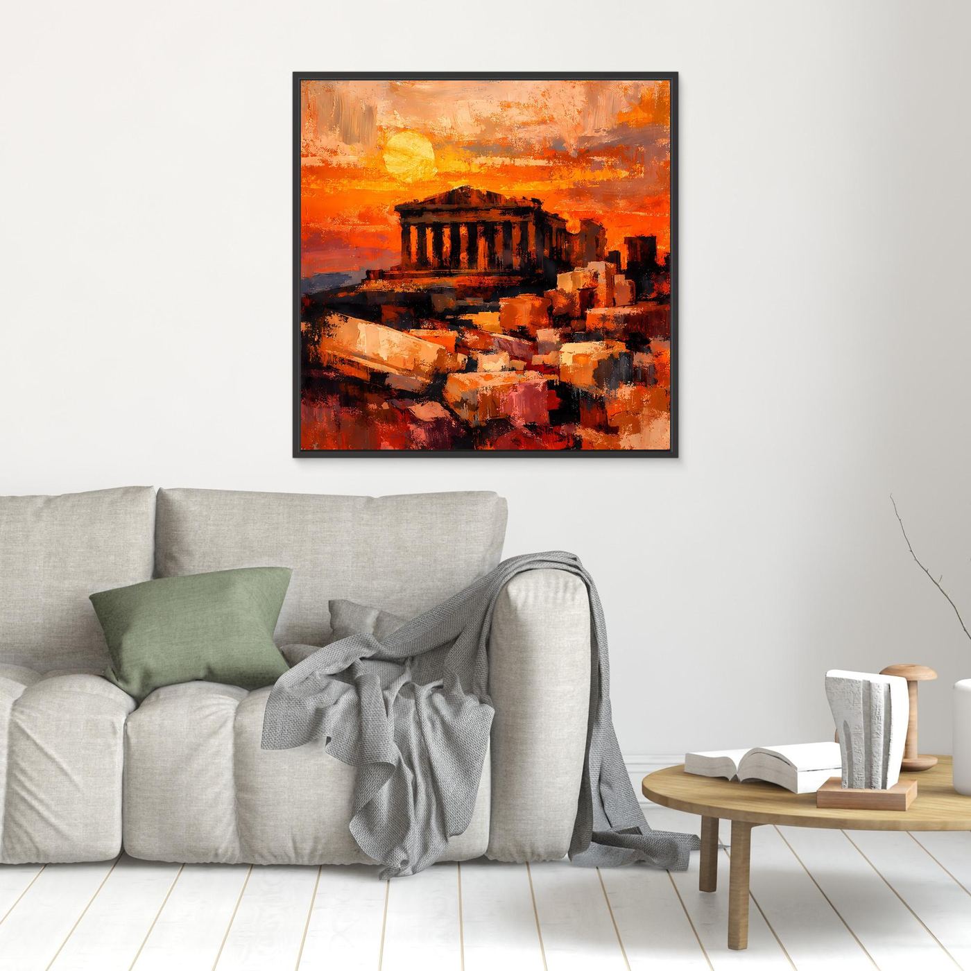 Kleines Leinwand-Wandbild mit abstrakter Akropolis-Silhouette in Orange- und Rottönen, schwarzer Rahmen