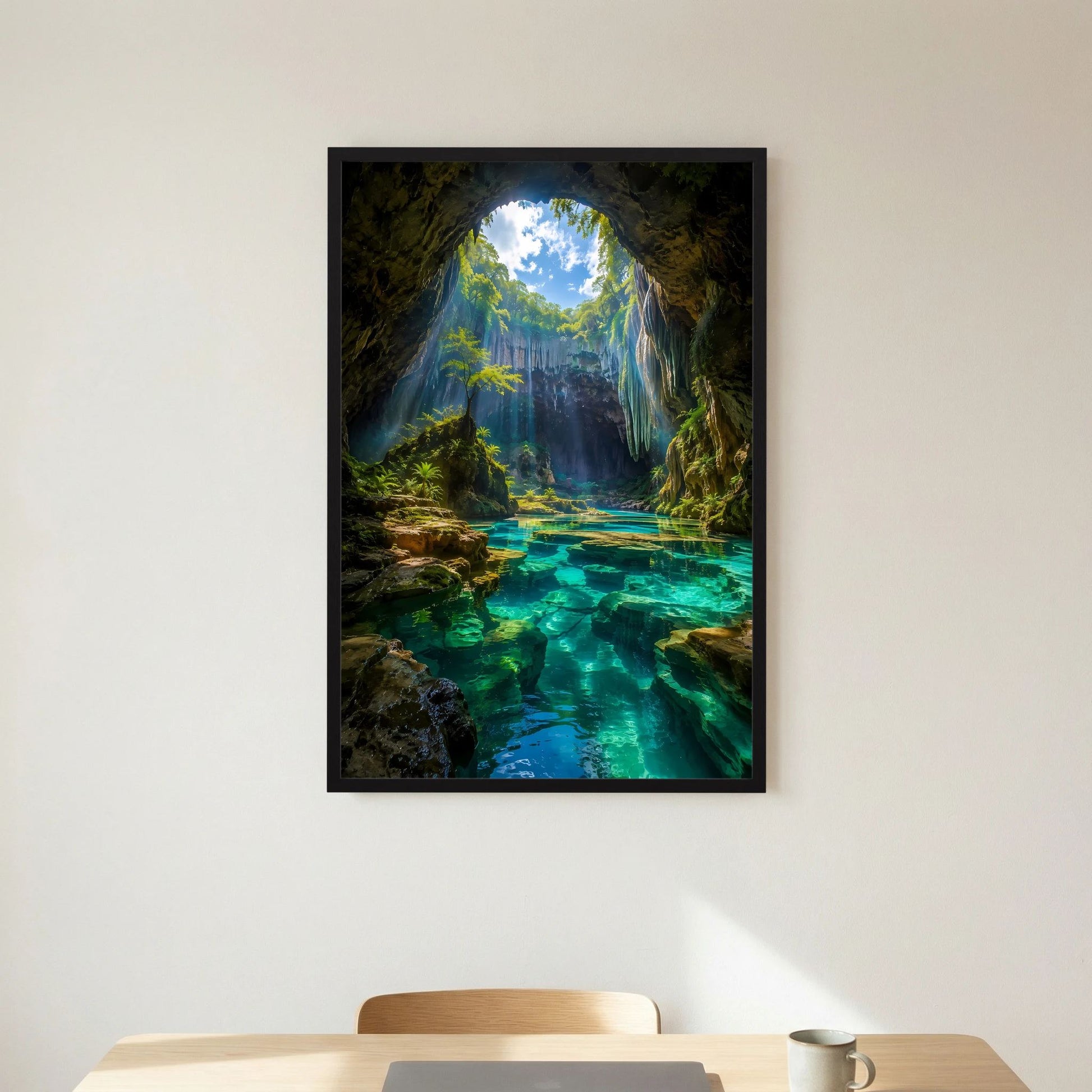 Verborgene Höhle mit türkisblauem Wasser | Mystische Natur-Oase im Sonnenlicht | Poster Hochformat