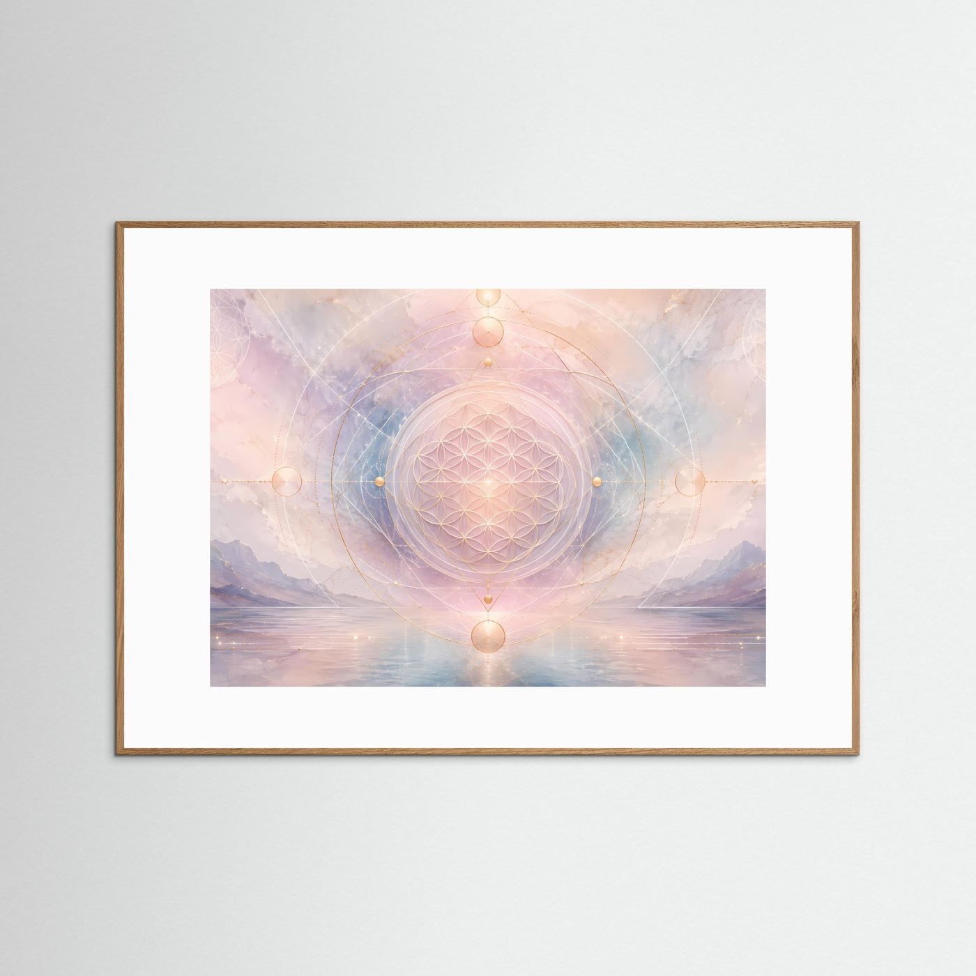 Poster „Blume des Lebens“ im hellen Holzrahmen mit pastellfarbenem Geometrie-Motiv