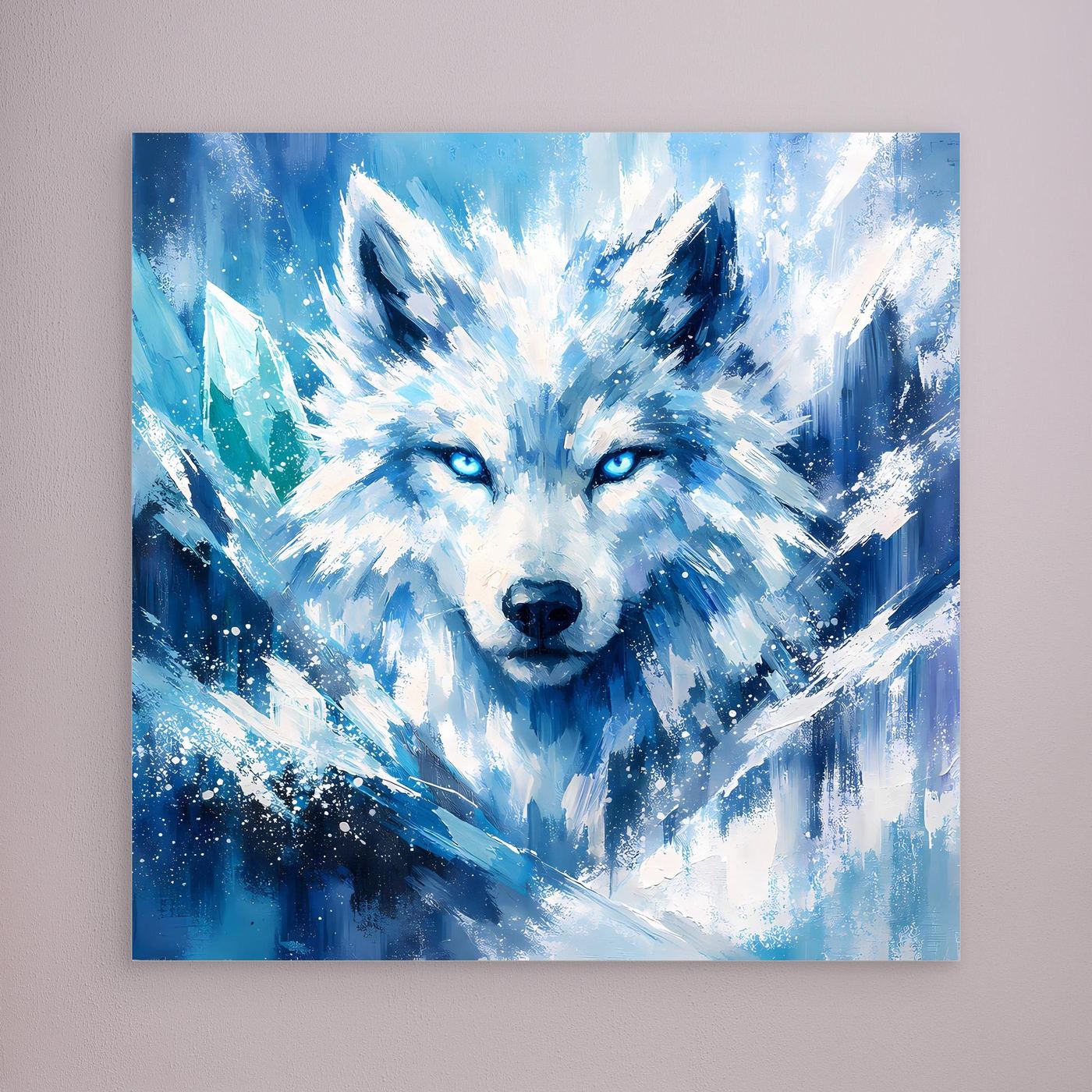 Leinwand-Wandbild mit blauem Eiswolf im Blizzard, ohne sichtbaren Rahmen