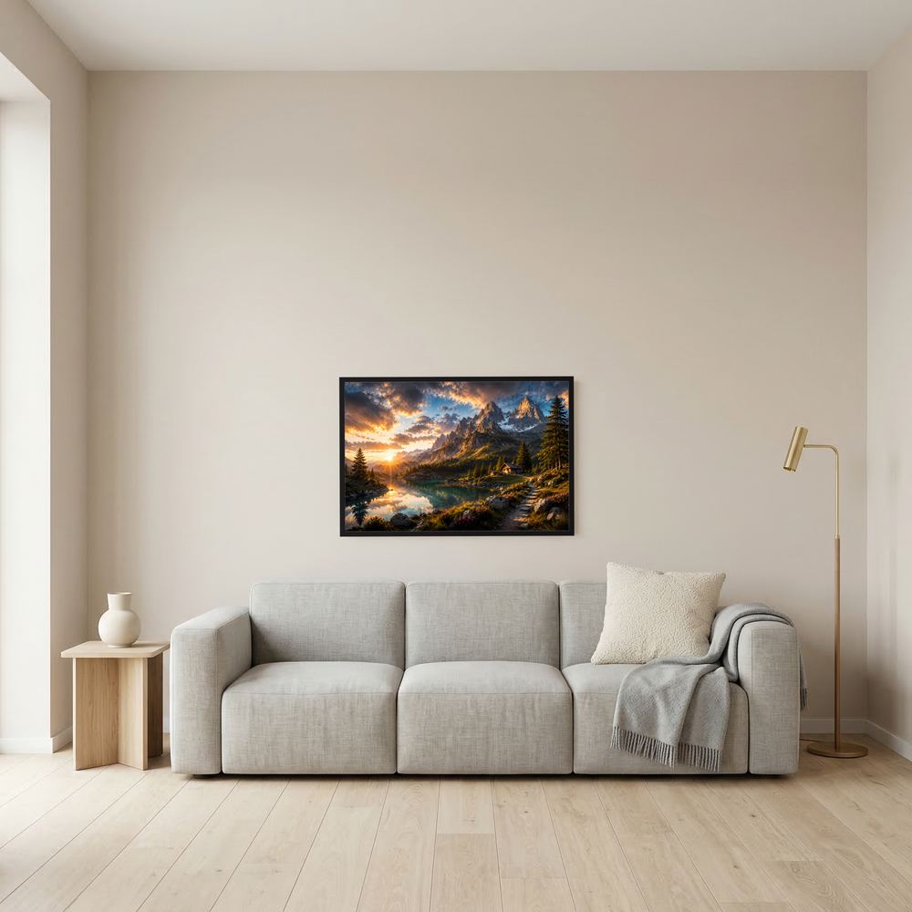 Wandposter im Querformat mit Alpenlandschaft, Bergspiegelung und Berghütte im dunklen Rahmen