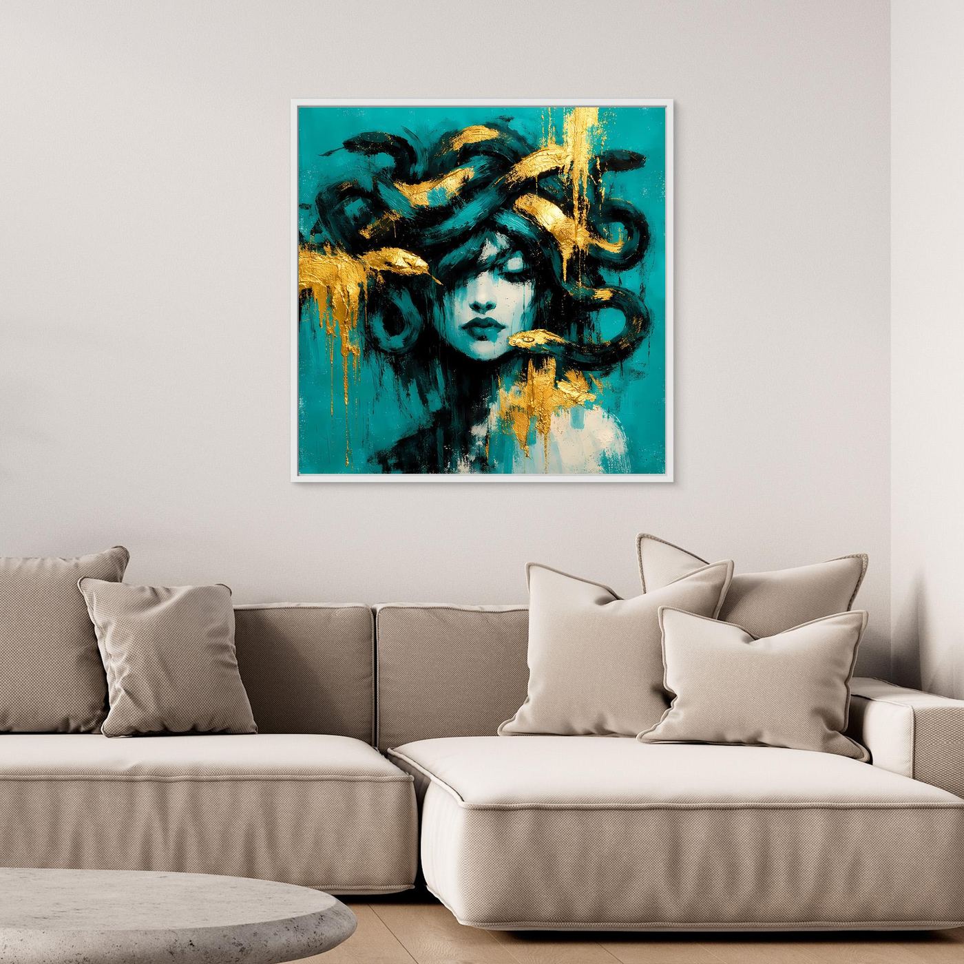 Leinwand Mythische Medusa in Türkis und Gold | Abstraktes Gorgonen Wandbild