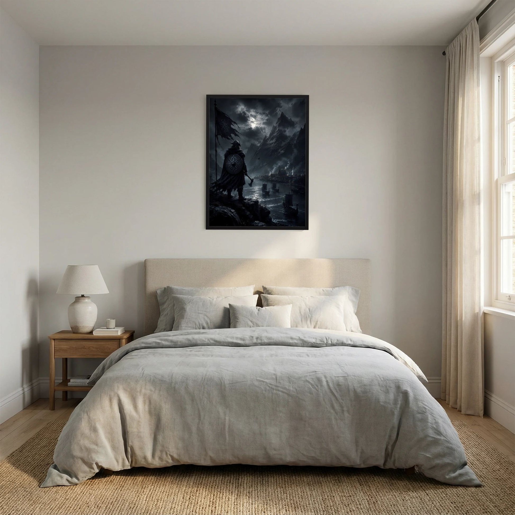 Hochformat-Poster mit schwarzem Rahmen: Wikinger im Mondlicht vor dunklen Bergen und Wasser