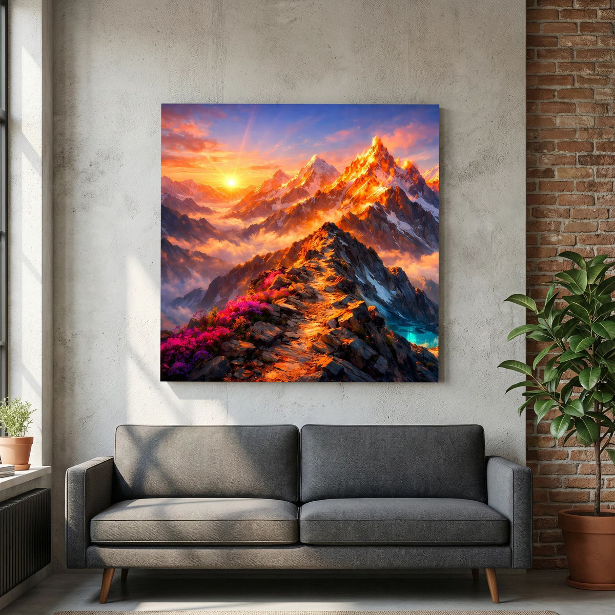 Leinwandbild Sonnenuntergang im Hochgebirge auf Holzkeilrahmen, klarer Berg-Detailausschnitt