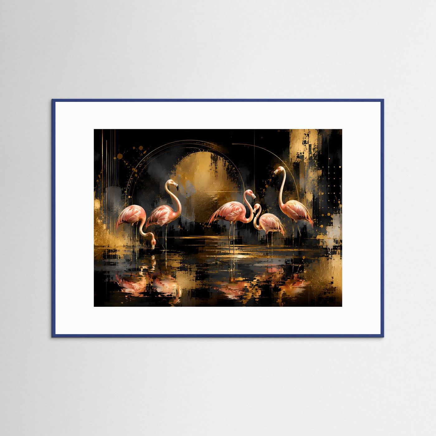 Poster Querformat: abstrakte Flamingos in Rosa/Schwarz/Gold, blau gerahmt