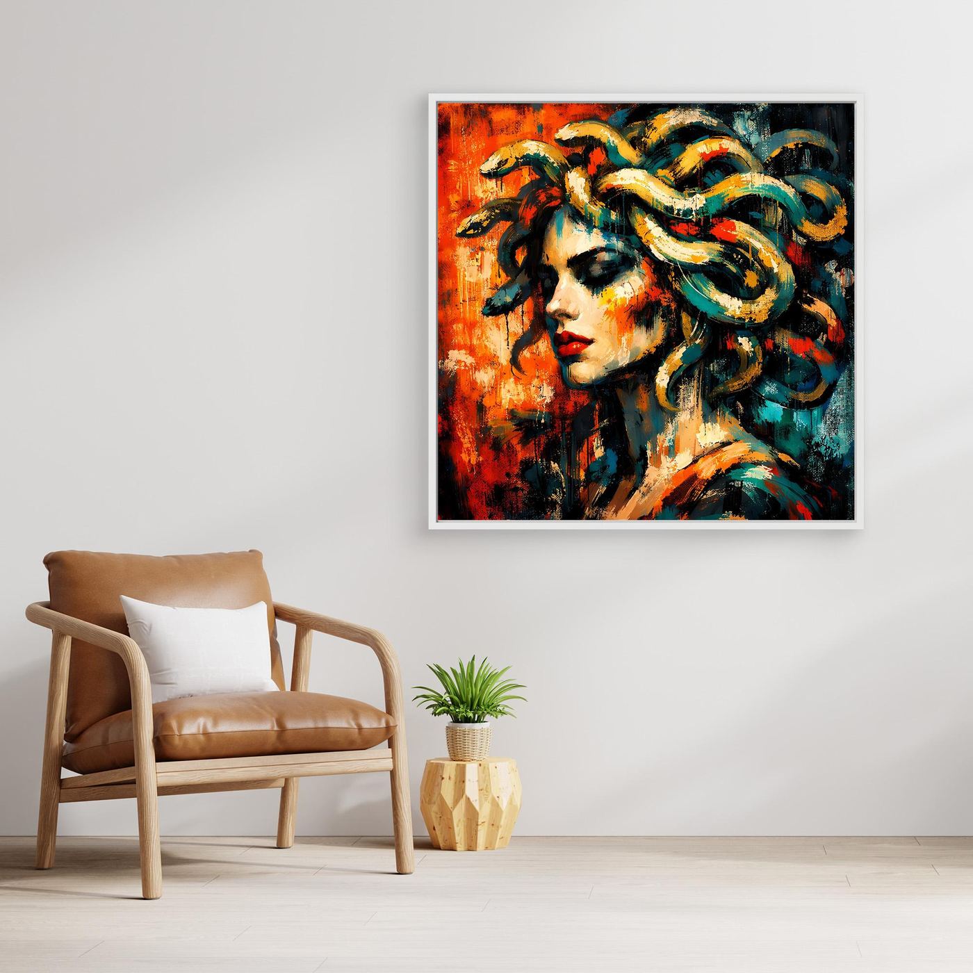 Leinwandbild mit Medusa-Porträt, seitlicher Blick, dunkles Haar mit türkis-grünen Akzenten