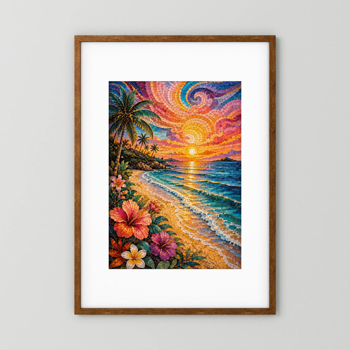 Tropischer Strand im Sonnenuntergang | Farbenfrohes Mosaik mit Palmen & Hibiskus | Poster Hochformat