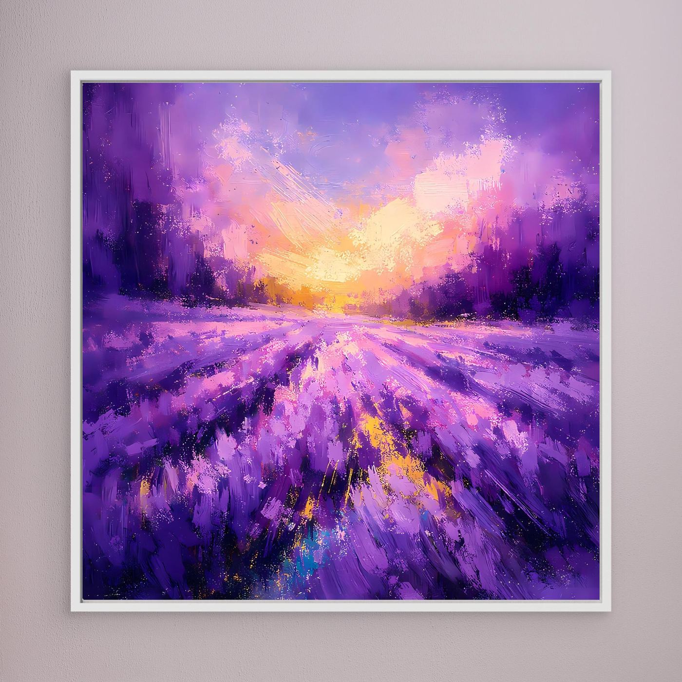 Lavendel-Wandbild auf Leinwand mit weißem Rahmen, abstrakte Lavendelpflanzen und leuchtender Himmel