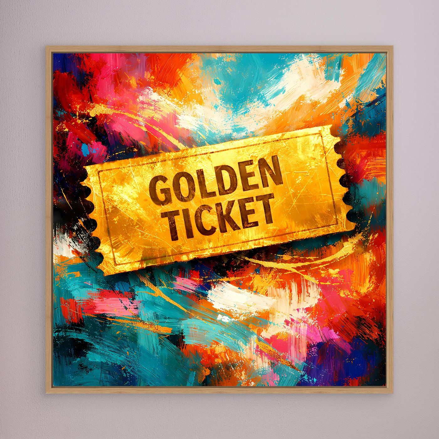 Gerahmtes Leinwandbild „Golden Ticket“ mit Pop-Art Farben, heller Holzrahmen
