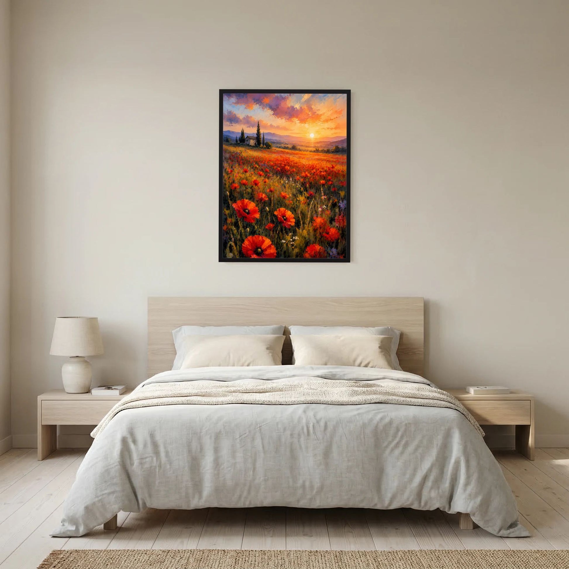 Hochformatiges Poster mit Mohnblumenfeld und Sonnenuntergang in Rot und Orange, schwarzer Rahmen
