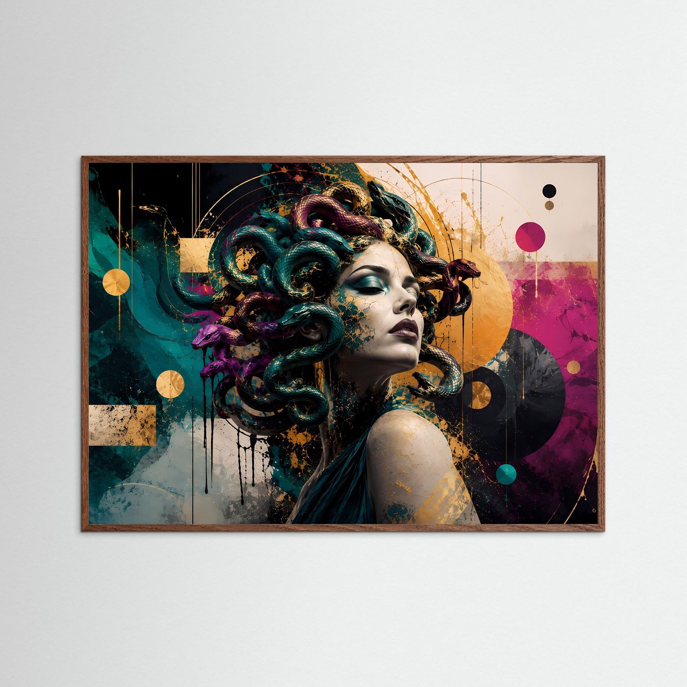 Medusa Poster Bunt Modern | Abstrakte Mythologie Wandkunst | Geometrische Fantasy Kunst | Farbenfrohe Gorgone | Premium Leinwand