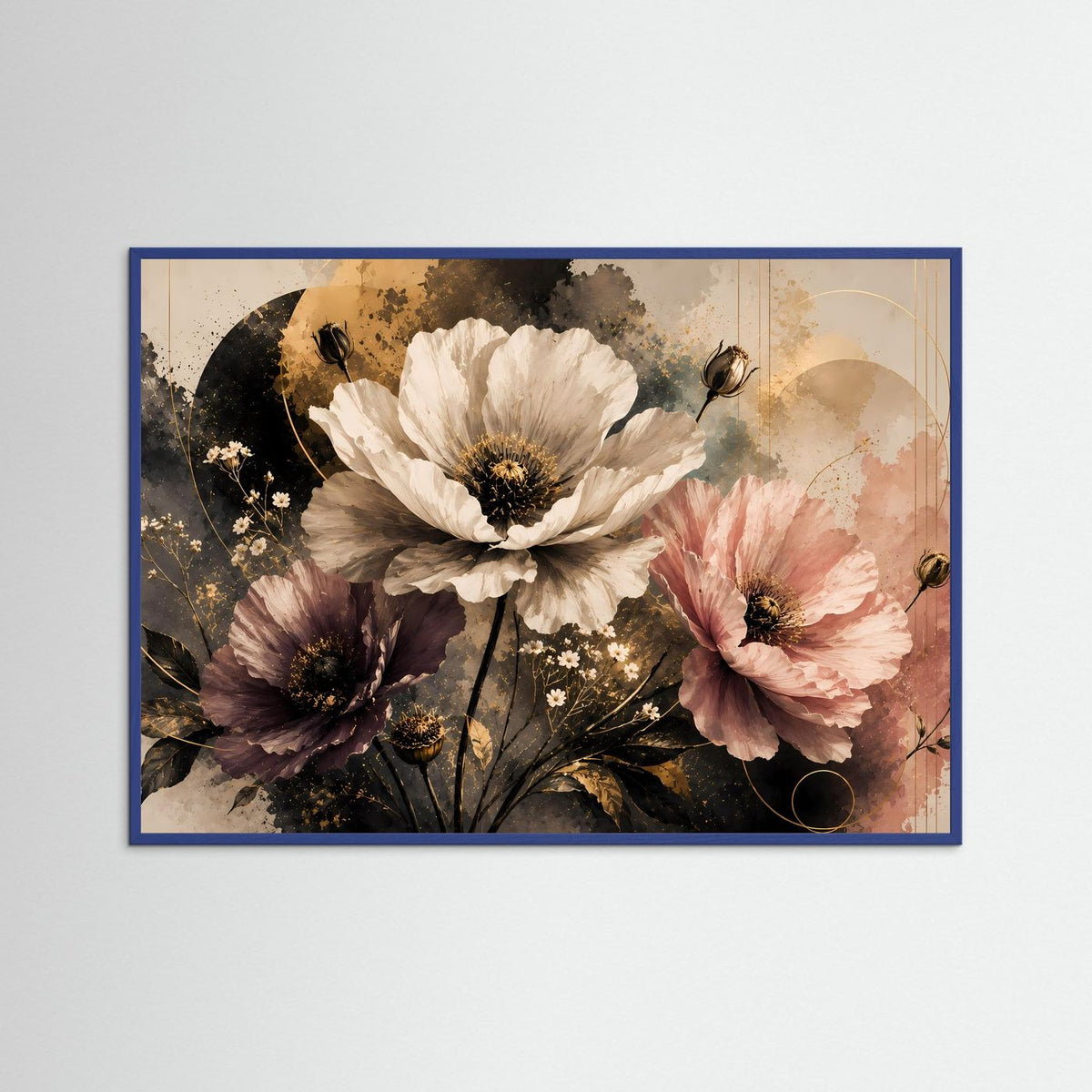 Querformat-Poster mit Mohnblumen in Creme, Rosa und Violett, blauer Rahmen
