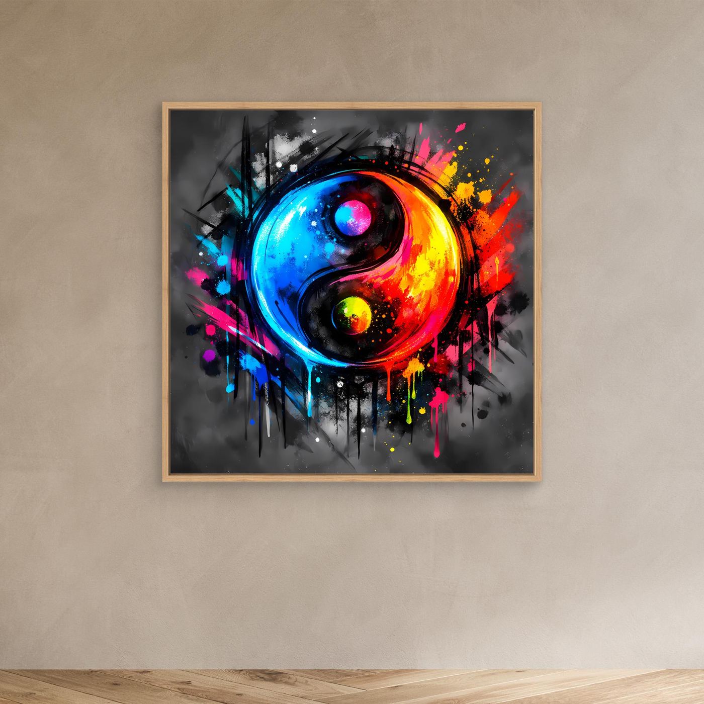 Leinwandbild mit abstraktem Yin-Yang-Motiv, bunt gespritzt, naturfarbener Holzrahmen
