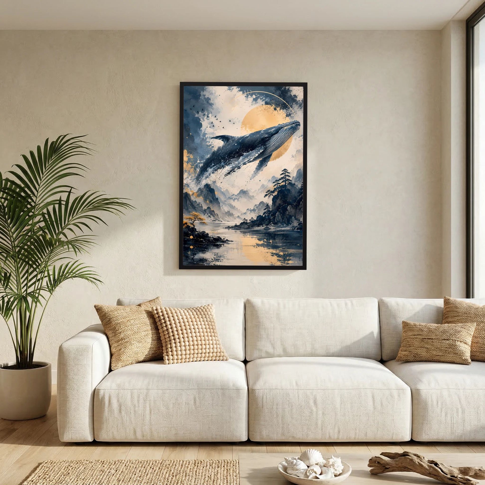 Wandposter im Hochformat mit Wal über Berglandschaft, Blau-Creme, im schwarzen Rahmen