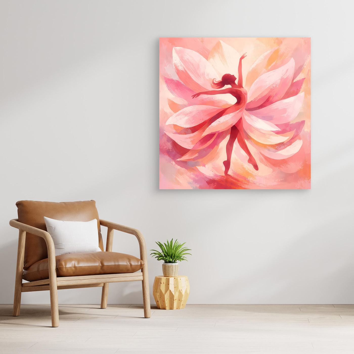 Quadratisches Leinwandbild mit rosa Blütenmotiv und Tänzerin-Silhouette.