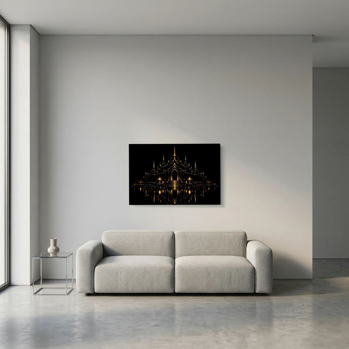 Wandbild im Querformat: dunkle Tempelarchitektur in Goldtönen auf schwarzem Hintergrund