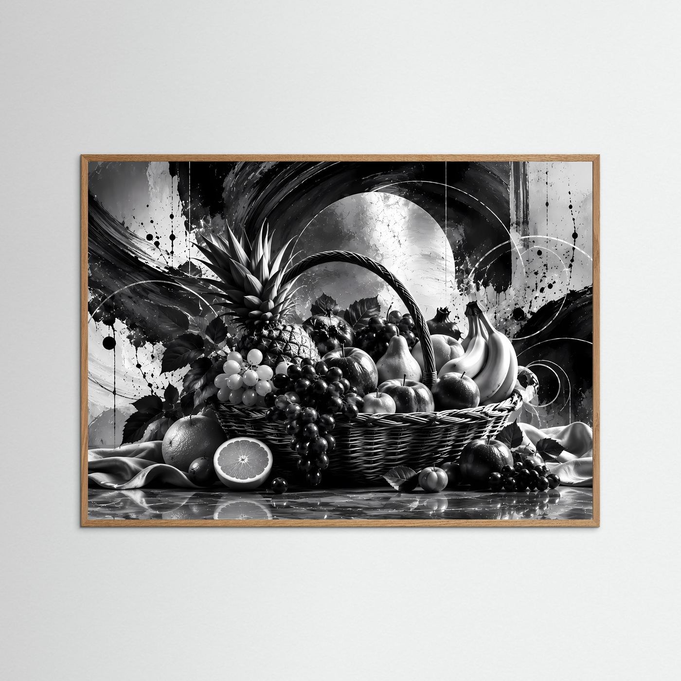 Schwarz-Weiß Obstkorb Poster | Modernes Stillleben Wandbild | Monochrome Früchte Kunst | Elegante Küchen Deko | Abstrakte Wall Art