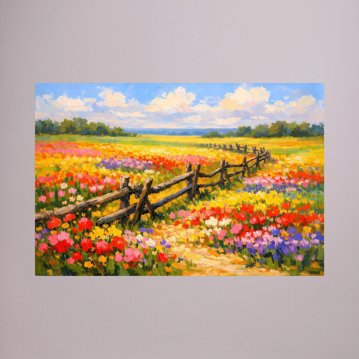 Wandbild im Querformat: bunte Blumenwiese mit Holzzaun und Weg