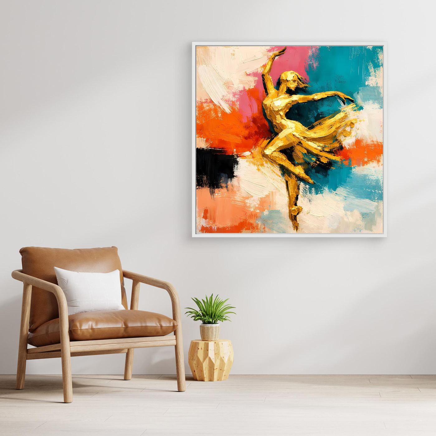 Leinwand Elegante Goldene Tänzerin im Flug | Abstraktes Ballett & Modern Art Wandbild