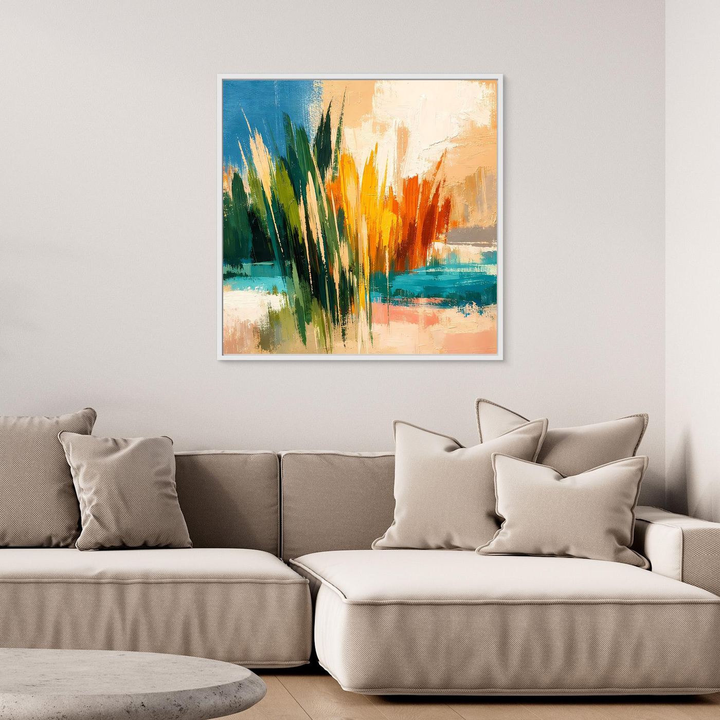 Leinwand-Wandbild mit Schilfhalmen in Grün und Gelb und ruhigem See