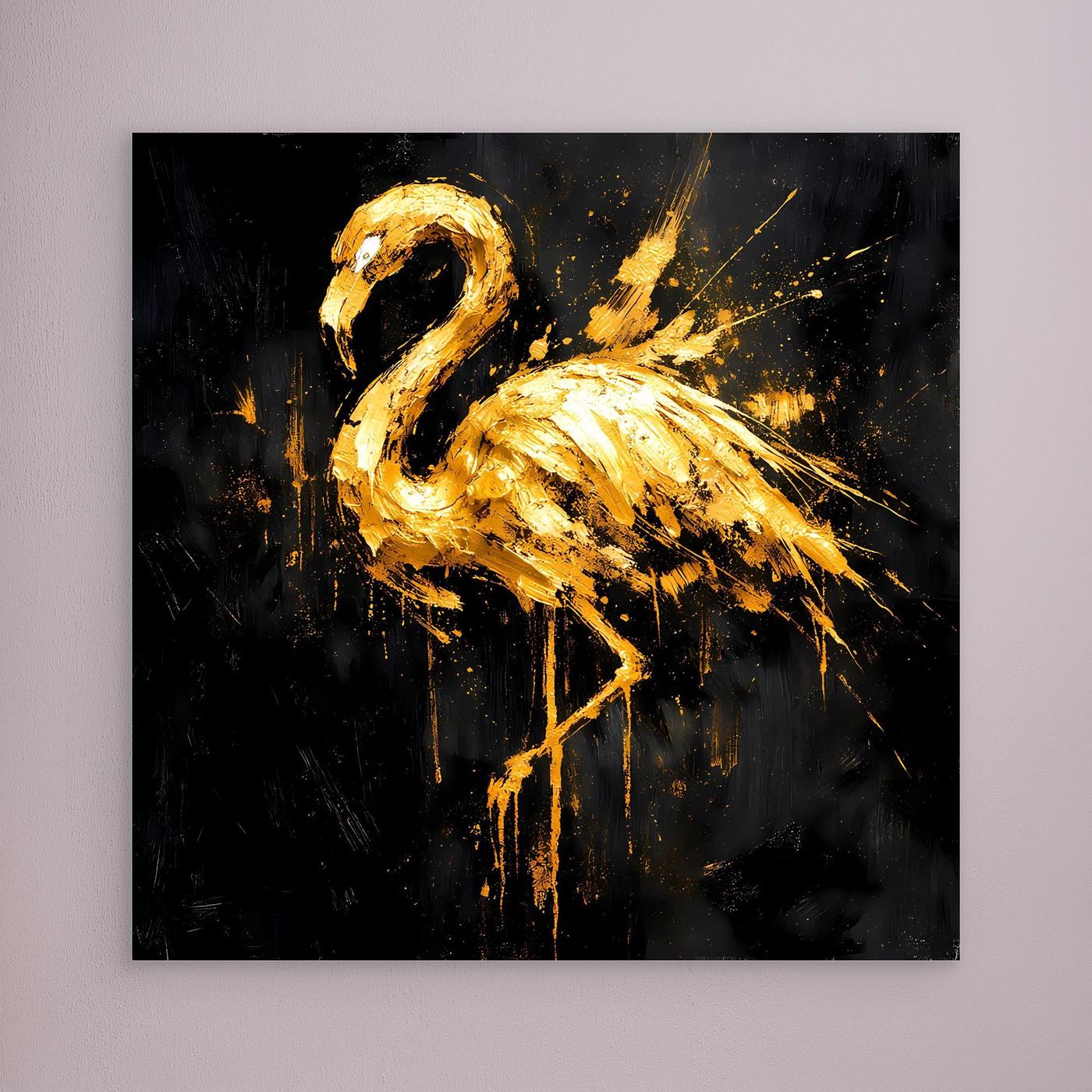 Leinwand Goldener Flamingo auf Schwarz | Abstraktes Modernes Tier Wandbild Kunst
