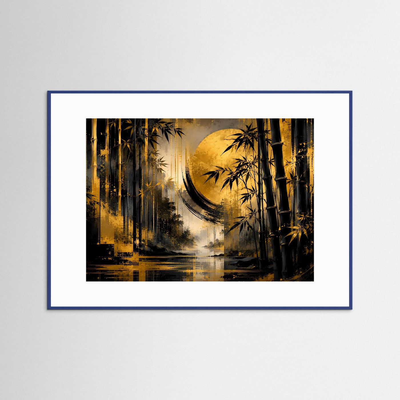 Wandbild mit Bambuswald, goldenem Mond und dunklem Wasser, blauer Rahmen mit weißem Rand