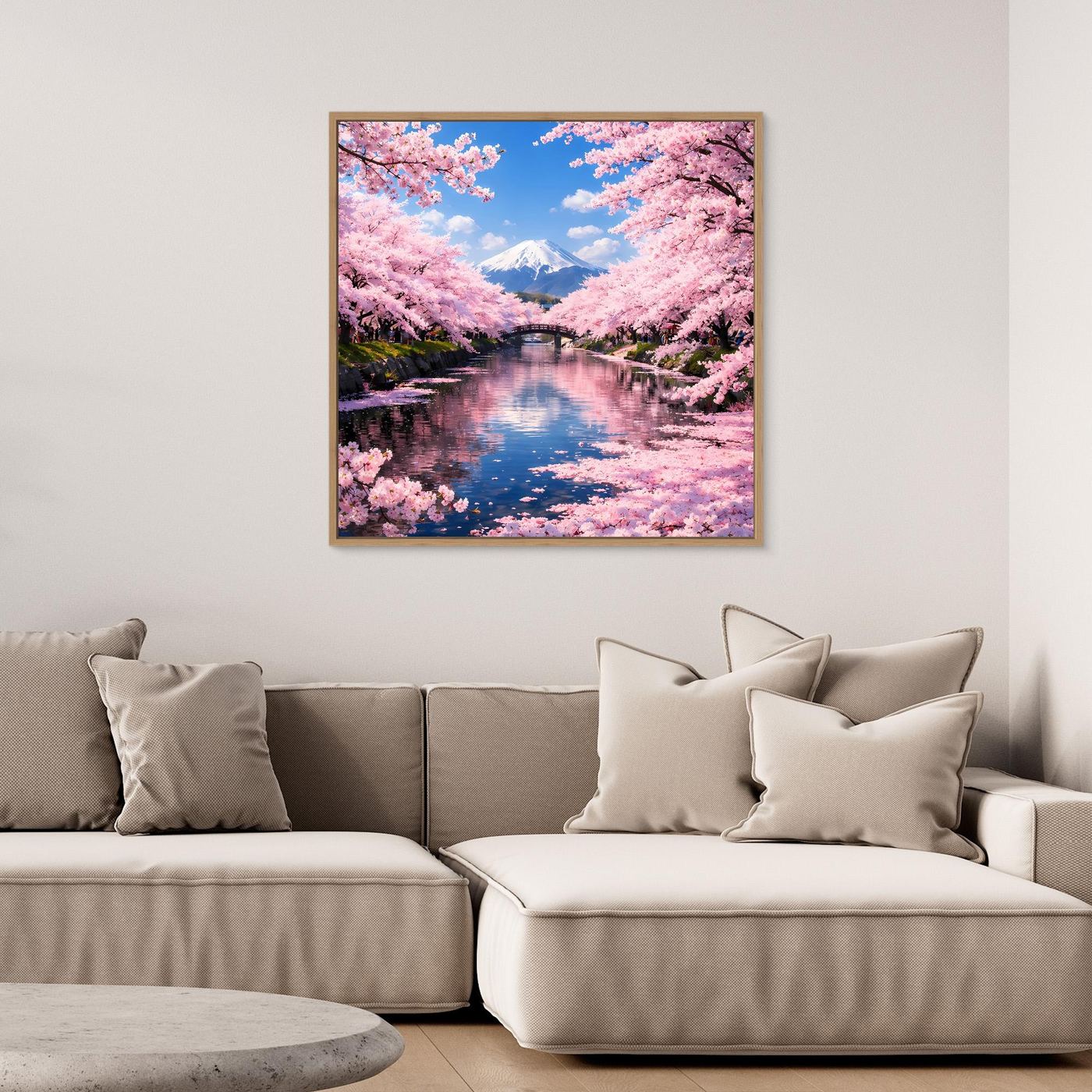 Leinwandbild mit Sakura-Blüten und Berg Fuji im braunen Holzrahmen, rosa Blautöne
