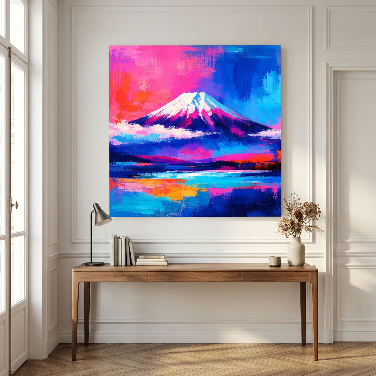 Leinwandbild über einer Konsole: abstrakter Fuji mit Sonnenuntergangsfarben